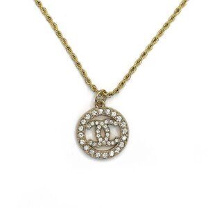 CHANEL CC Round Rhinestone Charm Pendant on Necklace Gold Plated Chain